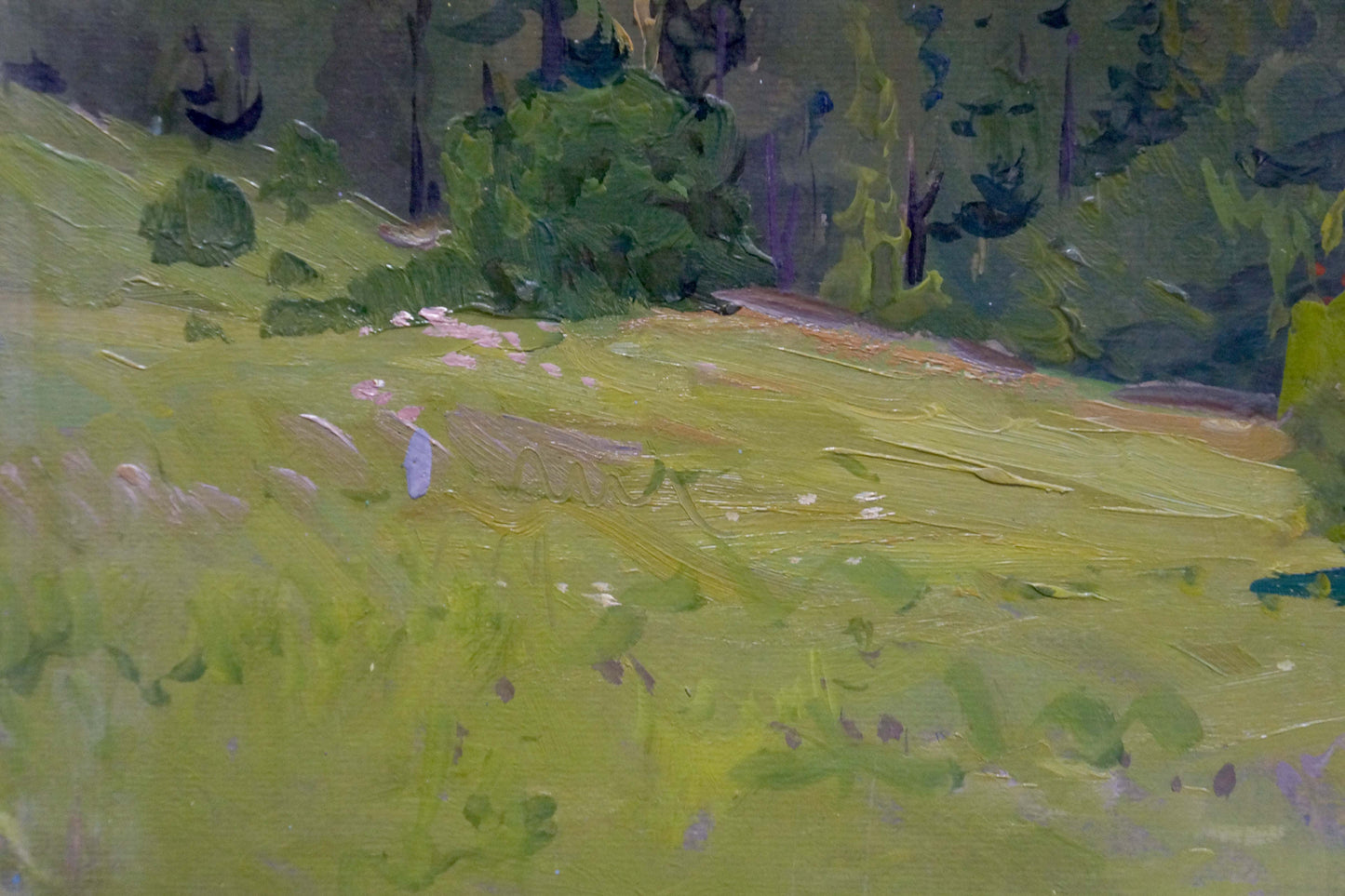 Vibrant green oil painting by Fomin Anatoly Nikiforovich of sunlit meadow