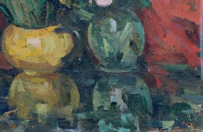 Oil painting by Boldyrev Vladimir Stepanovich: yellow and green vases with flowers on red background