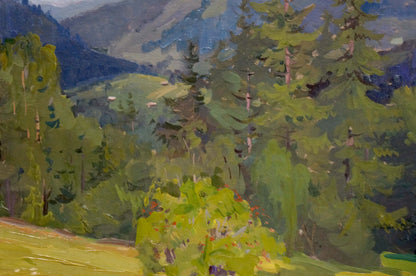 Vibrant impressionistic oil painting of forested mountain landscape by Fomin Anatoly Nikiforovich