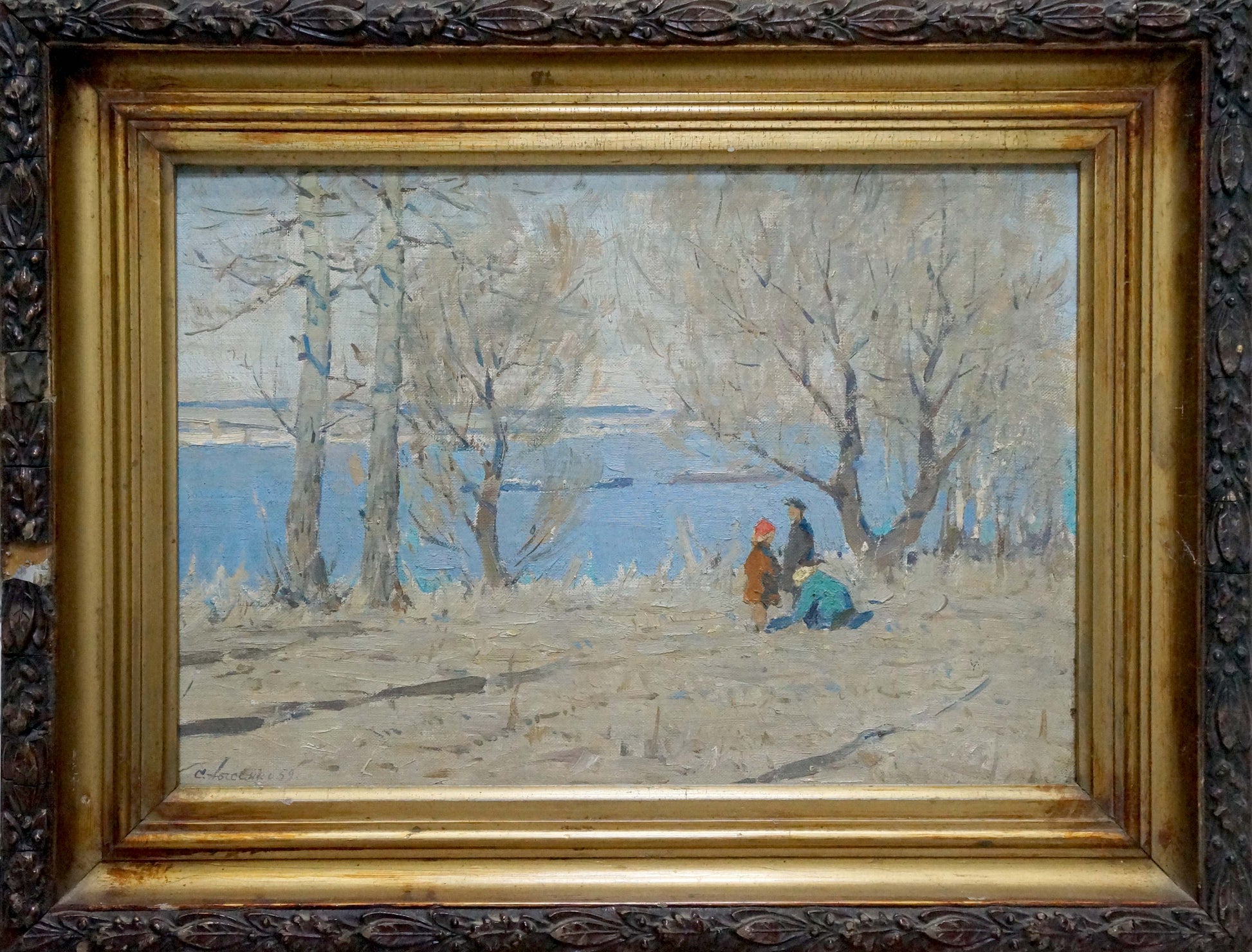 Oil painting by Lysenko Sergey Nikolaevich: children near shore in winter scene