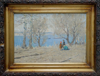 Oil painting by Lysenko Sergey Nikolaevich: children near shore in winter scene