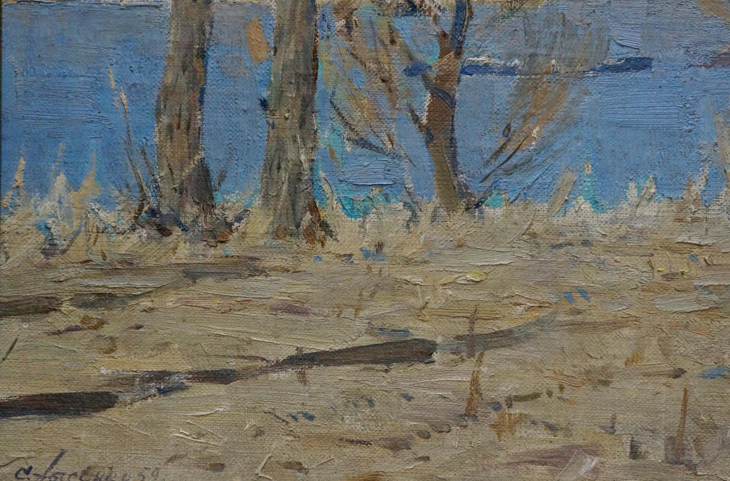 Oil painting of children near lakeside shore by Lysenko Sergey Nikolaevich