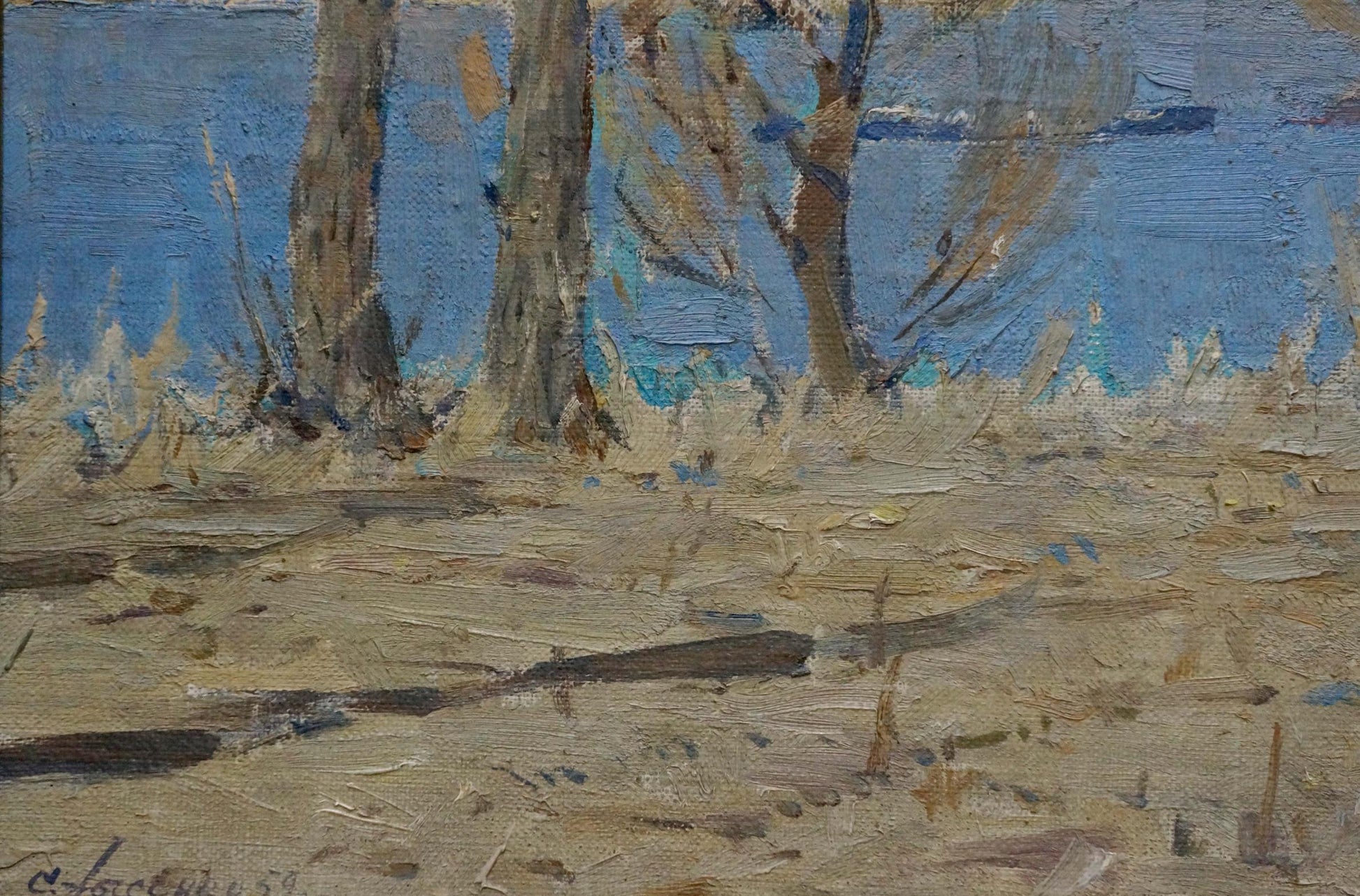 Oil painting of children near lakeside shore by Lysenko Sergey Nikolaevich