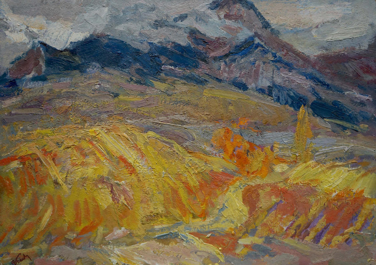 Vibrant impressionist oil painting of Babentsov autumn vineyards and mountains