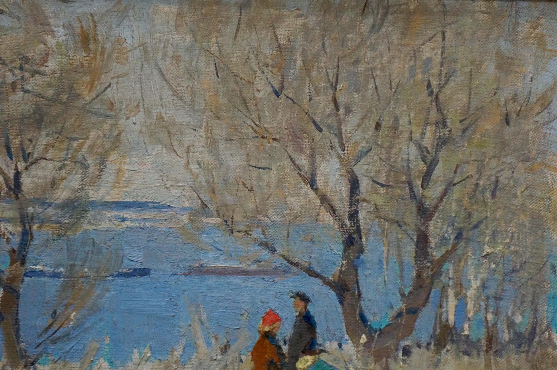 Oil painting by Lysenko Sergey Nikolaevich: children near winter shore with bare trees