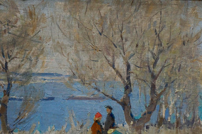 Oil painting by Lysenko Sergey Nikolaevich: children near winter shore with bare trees