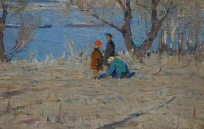Oil painting of children near shore by Lysenko Sergey Nikolaevich