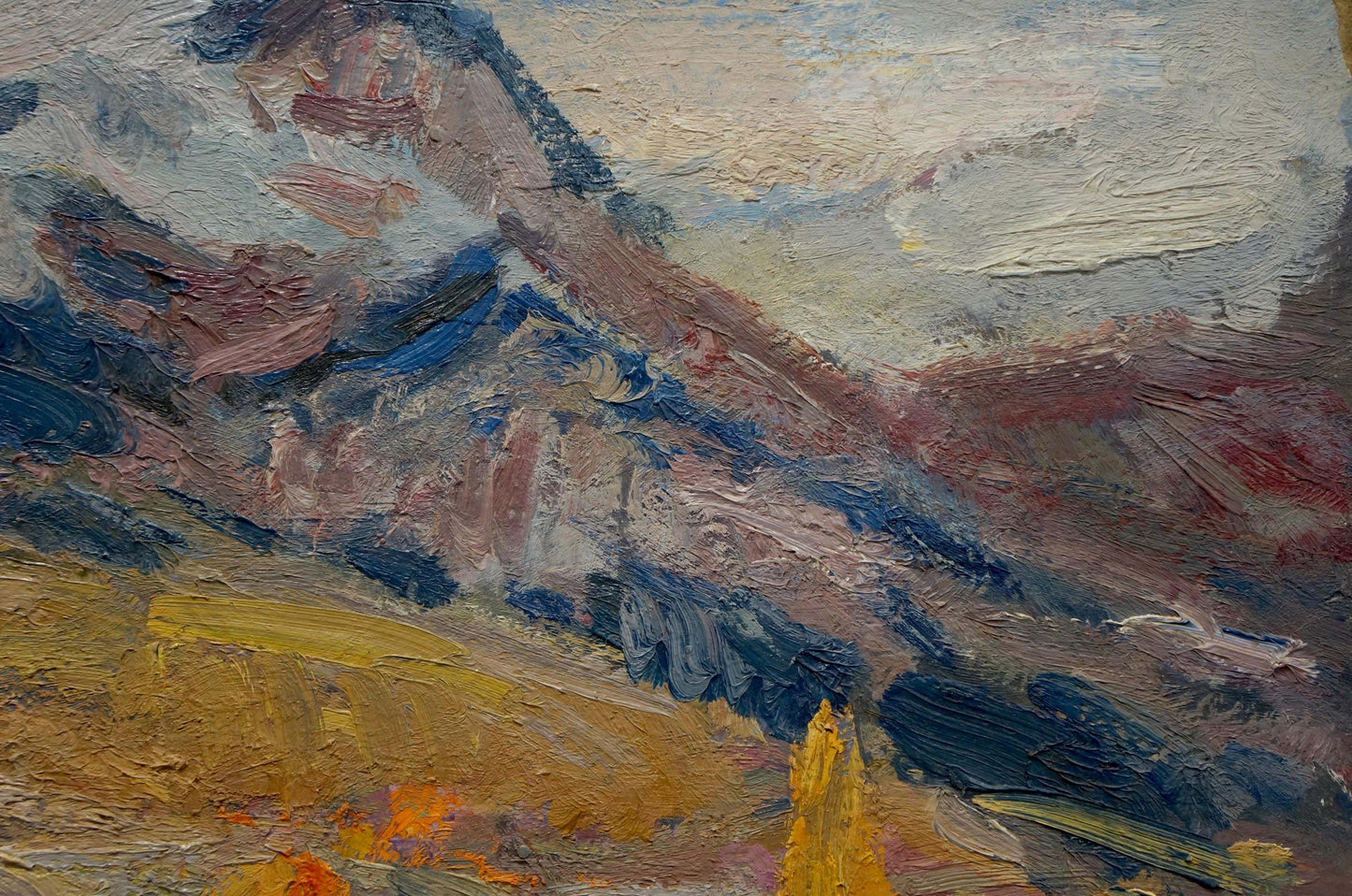 Impressionistic Babentsov oil painting of textured mountain vineyards