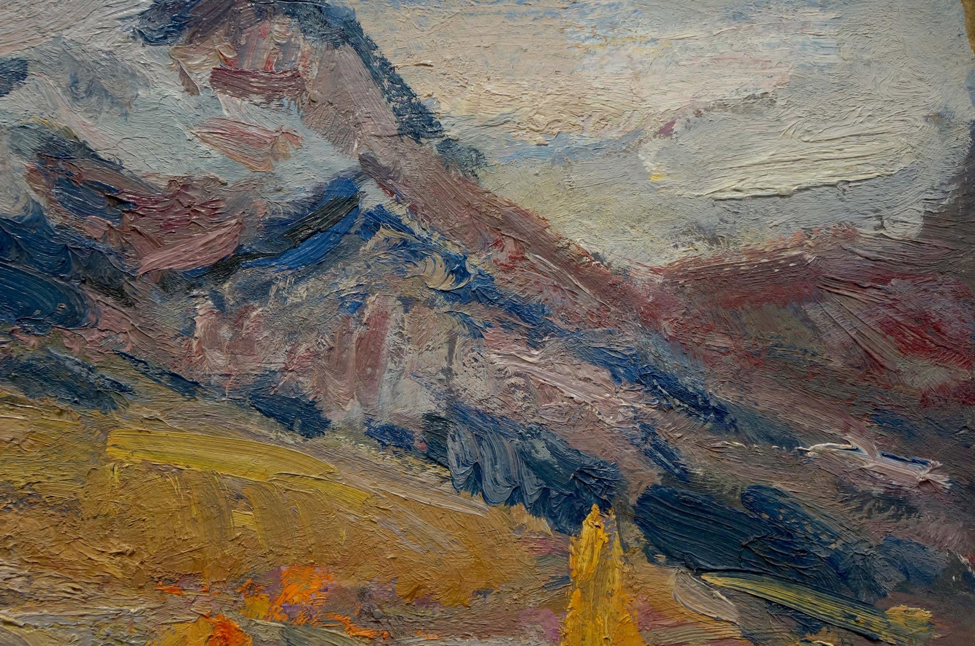 Impressionistic Babentsov oil painting of textured mountain vineyards