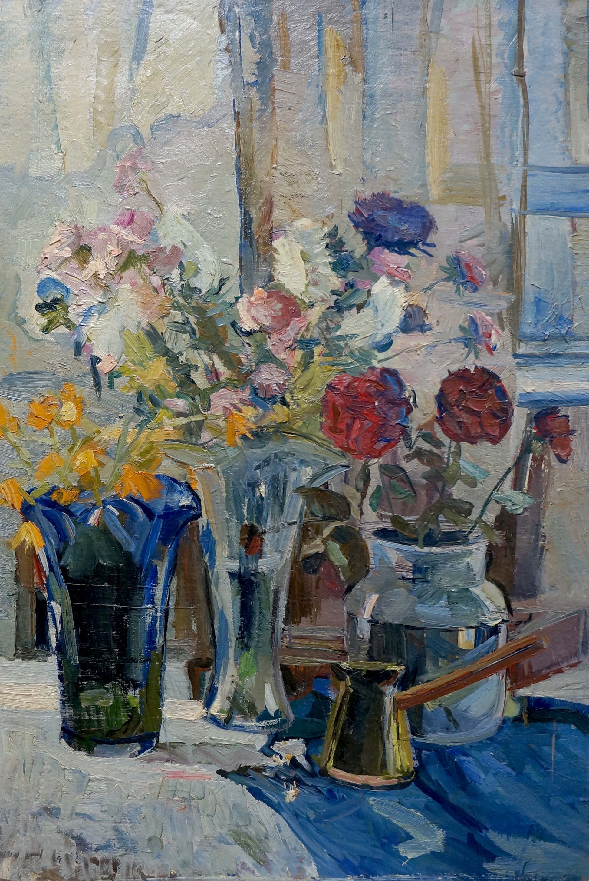 Oil painting of vibrant mixed flowers in tall glass vase by Ivannikova S.R