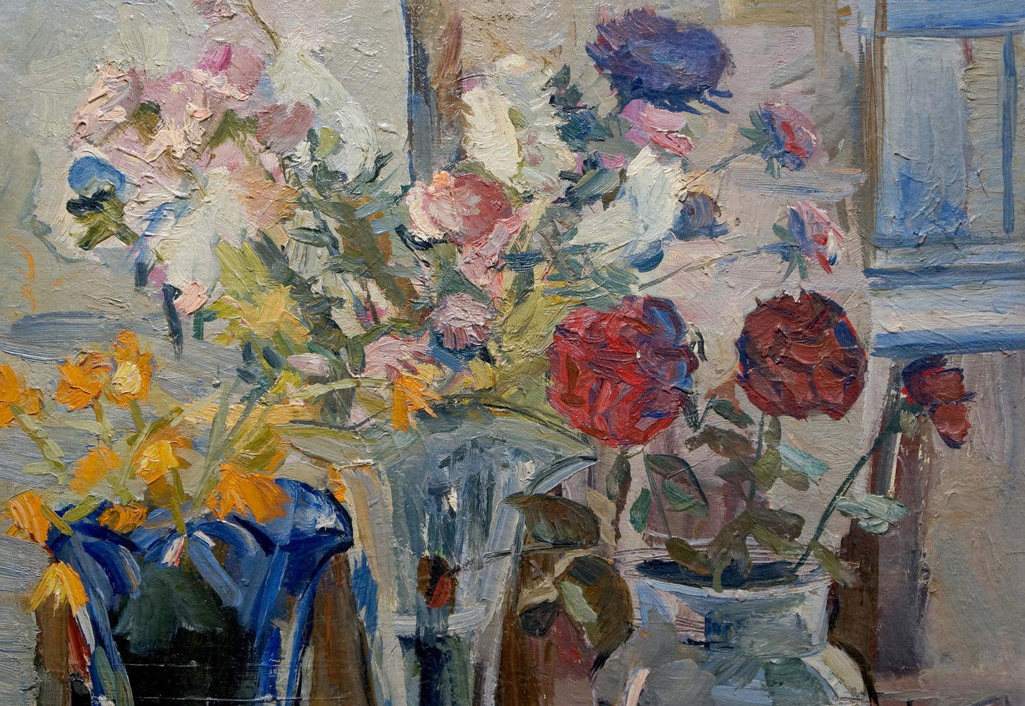 Oil painting by Ivannikova S.R.: vibrant roses in blue vase