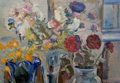Oil painting by Ivannikova S.R.: vibrant roses in blue vase