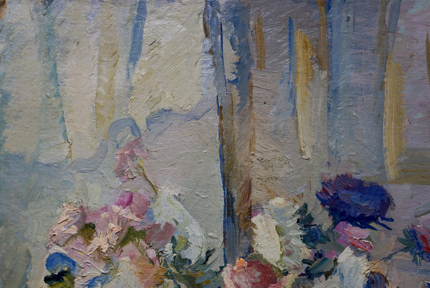 Oil painting Flowers on the Window by Ivannikova S.R. with pink flowers