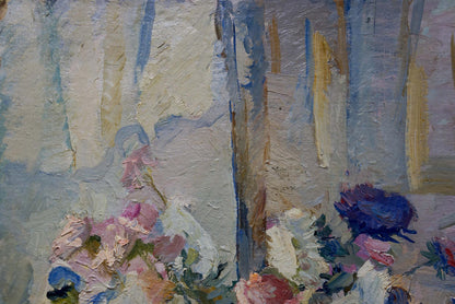 Oil painting Flowers on the Window by Ivannikova S.R. with pink flowers