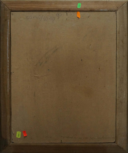 Back of framed Winter is leaving oil painting by Nesterenko with handwritten dimensions