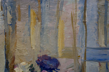 Oil painting Flowers on the window by Ivannikova S.R. with textured blue gray strokes