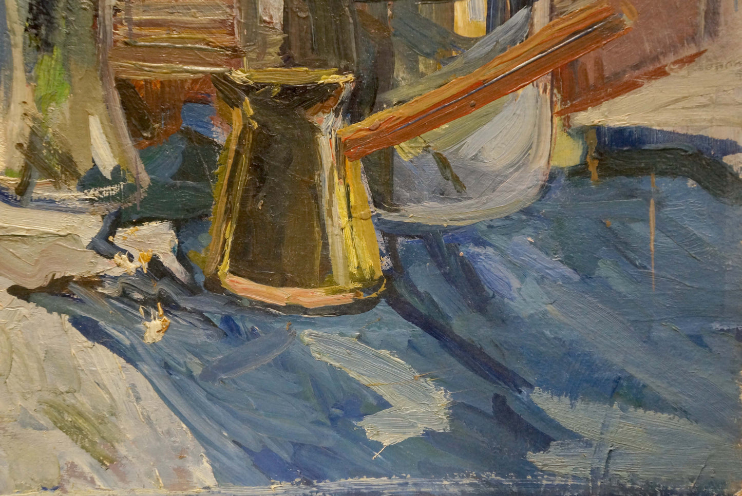 Golden copper coffee pot with long wooden handle in Ivannikova S.R. oil painting