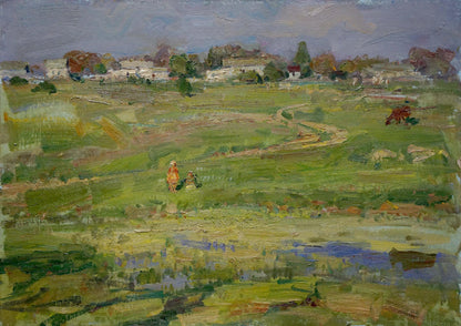 Oil painting by Olkhov Vladimir Nikolaevich: children in textured rural fields