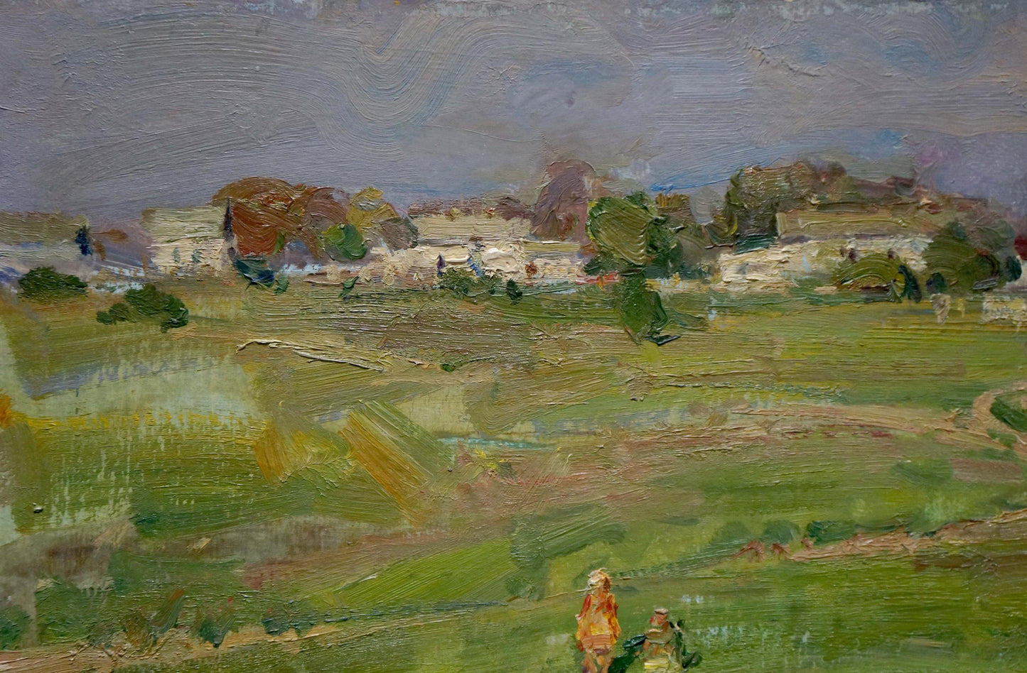 Textured impressionist oil painting by Olkhov Vladimir Nikolaevich of children in rural green fields