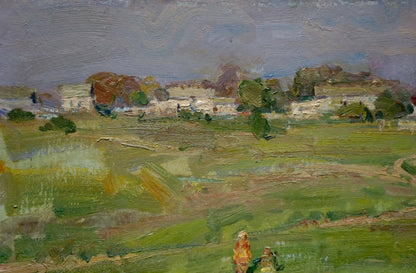 Textured impressionist oil painting by Olkhov Vladimir Nikolaevich of children in rural green fields