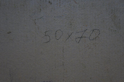 Back of Olkhov Vladimir Nikolaevich oil painting with 50x70 handwritten on gray concrete