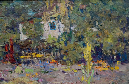 Oil painting by Sheludko Leonid Nikolaevich: white building in lush garden