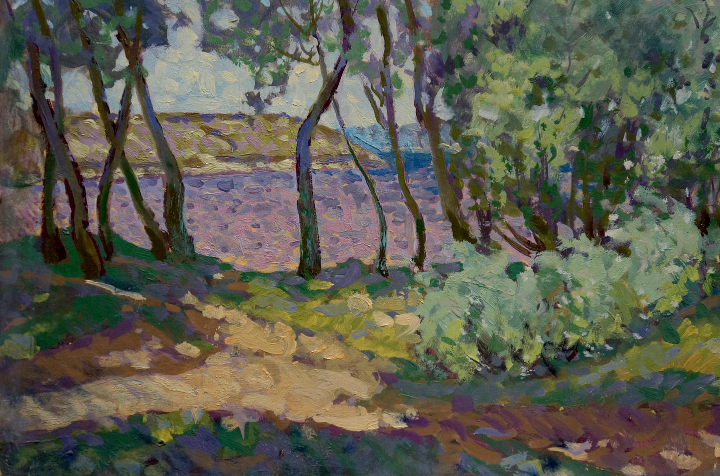 Vibrant impressionist oil painting of sunlit forest path by Vasetsky Grigory Stepanovich