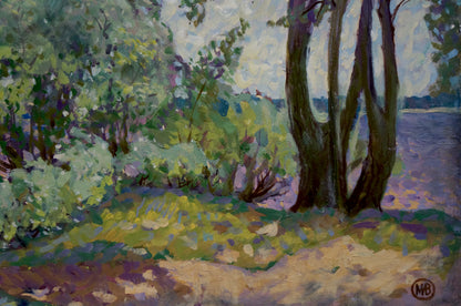 Impressionistic oil painting by Vasetsky Grigory Stepanovich of wooded riverside scene