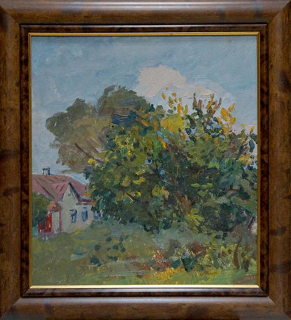 Oil painting by Gantman Moses Faybovich: rustic house in lush green foliage
