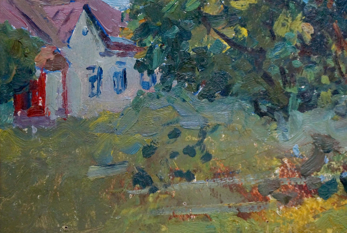 Impressionistic oil painting of white house with red roof by Gantman Moses Faybovich