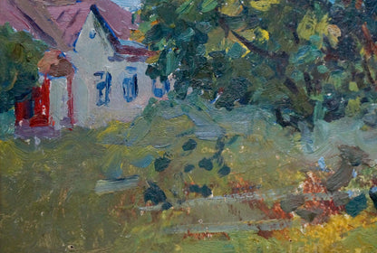 Impressionistic oil painting of white house with red roof by Gantman Moses Faybovich