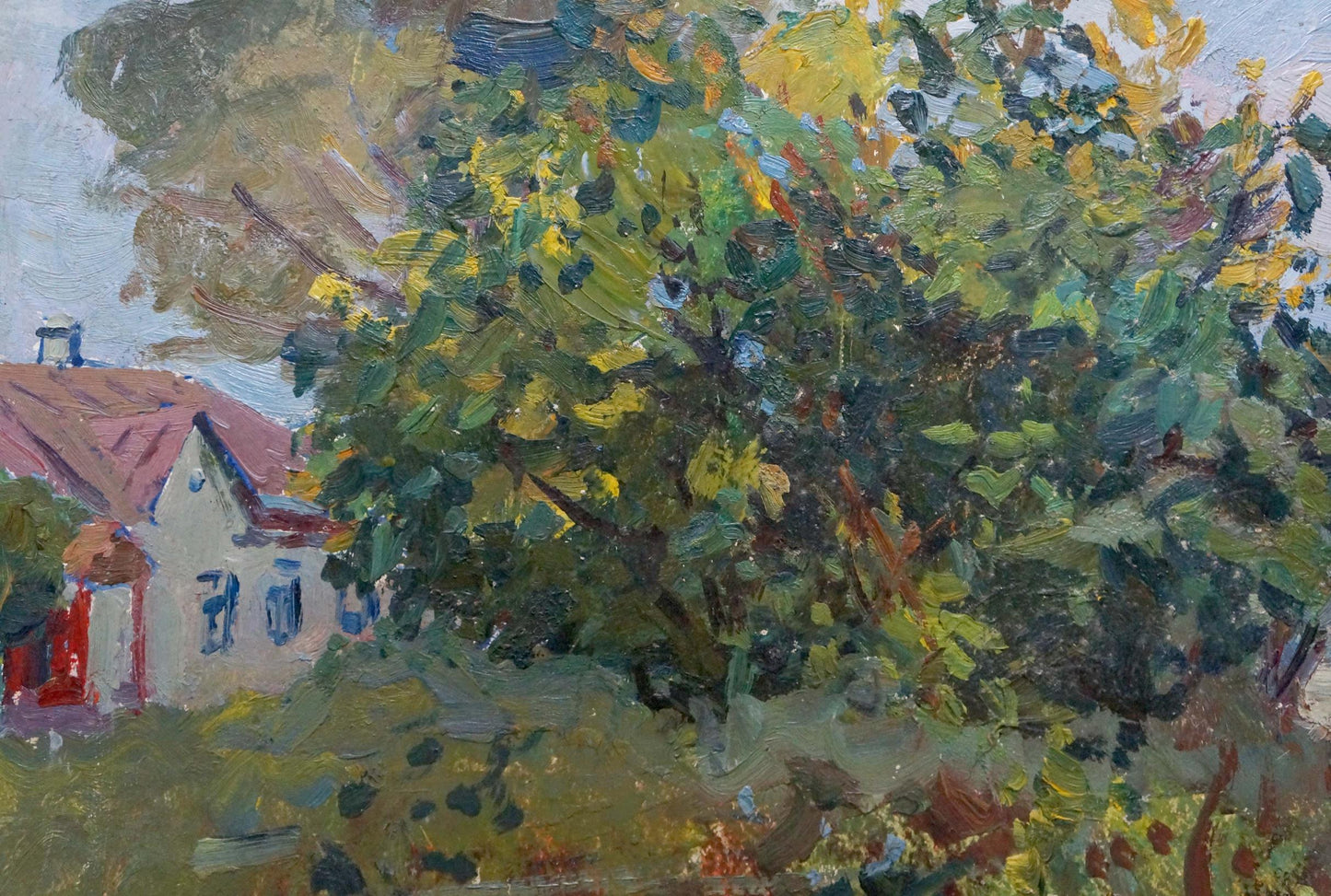 Vibrant impressionistic oil painting by Gantman Moses Faybovich of lush tree-obscured house