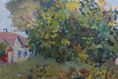 Vibrant impressionistic oil painting by Gantman Moses Faybovich of lush tree-obscured house