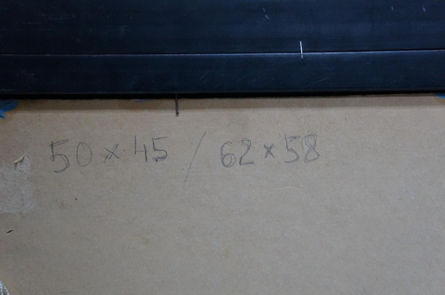 Back of beige box with handwritten measurements for Gantman Moses Faybovich house landscape oil painting