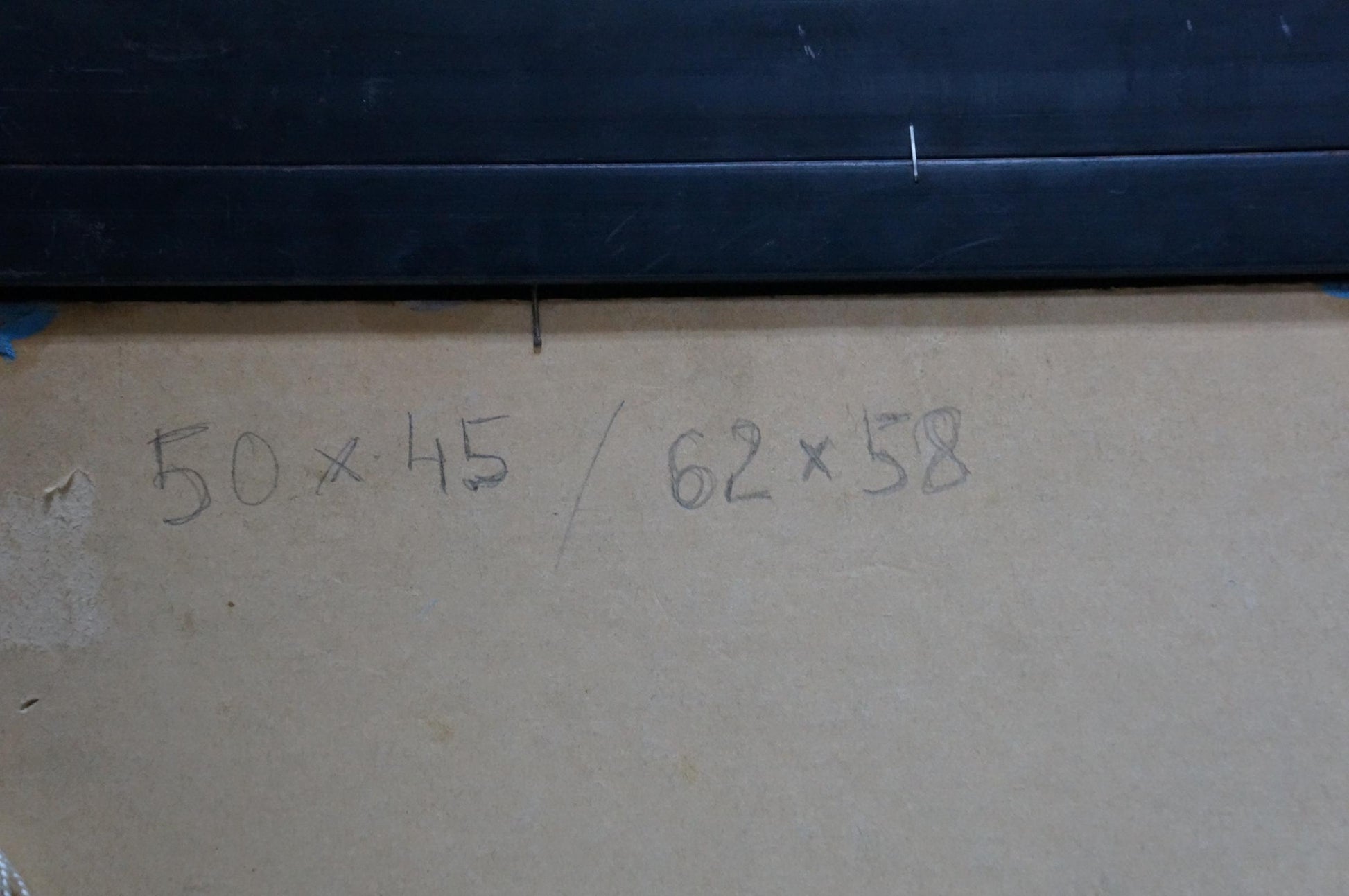 Back of beige box with handwritten measurements for Gantman Moses Faybovich house landscape oil painting