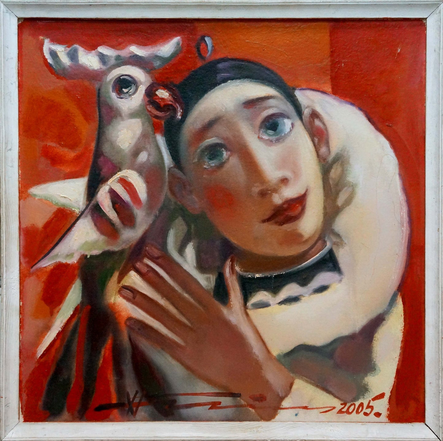 Framed abstract oil portrait by Nikolai Nikolaevich Prokopenko with blue-eyed woman holding white bird on orange background