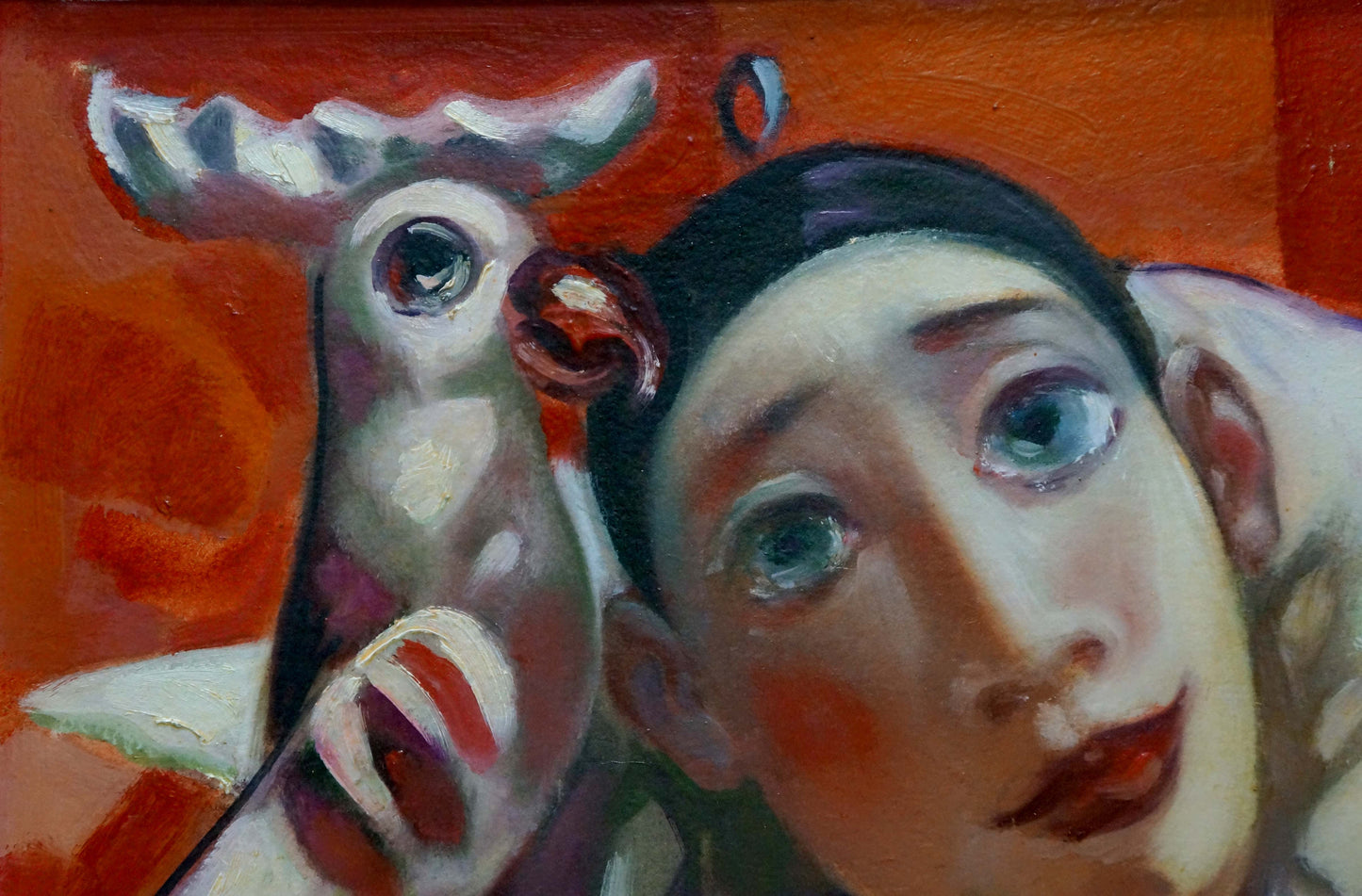 Abstract oil painting of stylized white gray moose with red accents by Nikolai Nikolaevich Prokopenko