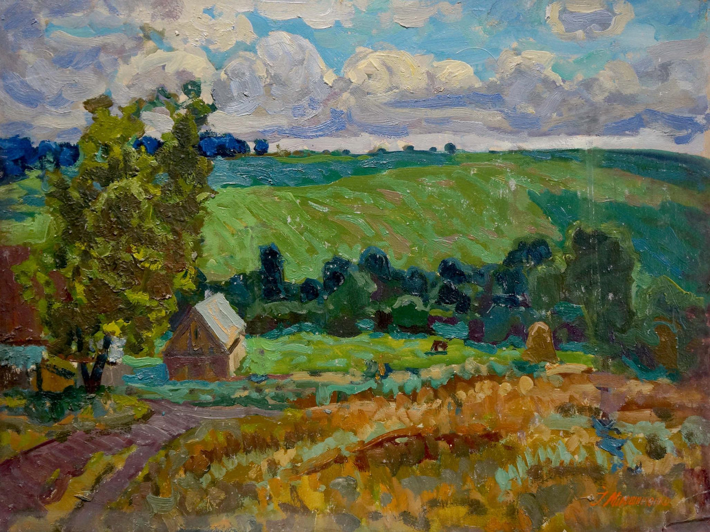 Oil painting After the rain I by Miroshnichenko: rustic wooden house with white roof among trees