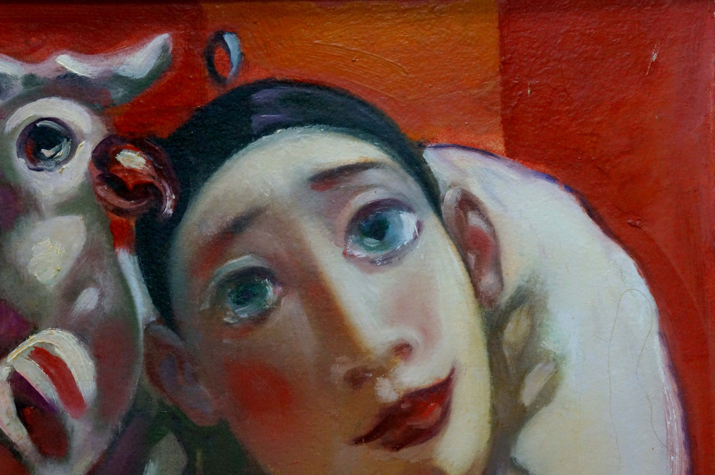 Abstract oil portrait by Nikolai Nikolaevich Prokopenko: woman with blue eyes, red lips on orange-red background