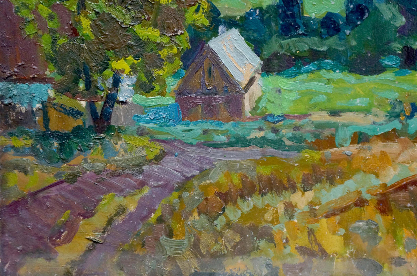 Oil painting After the Rain I by Miroshnichenko: rustic house in vibrant fields