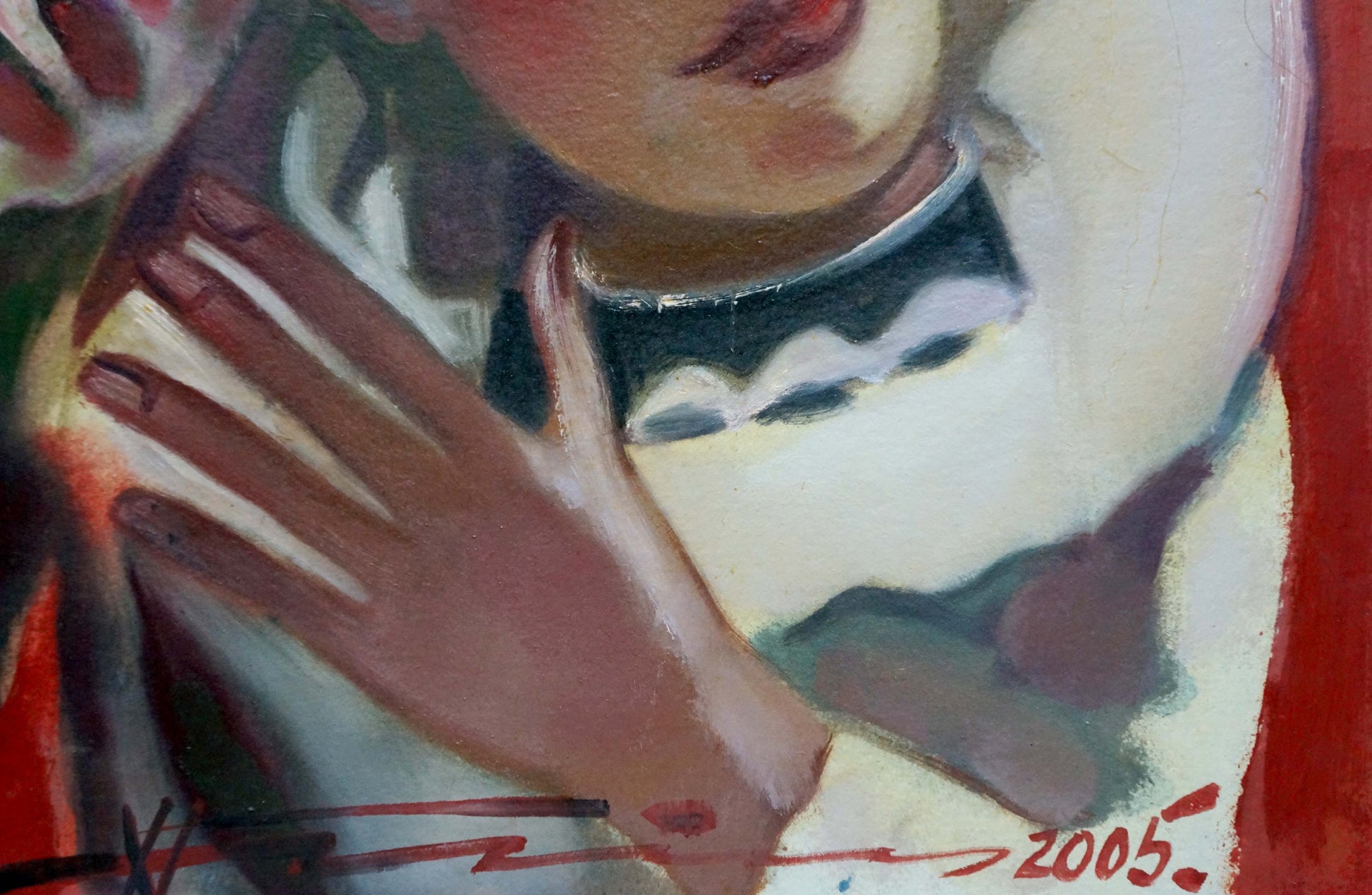 Close-up of womans hand on chest in Nikolai Nikolaevich Prokopenko abstract oil portrait, pastel tones