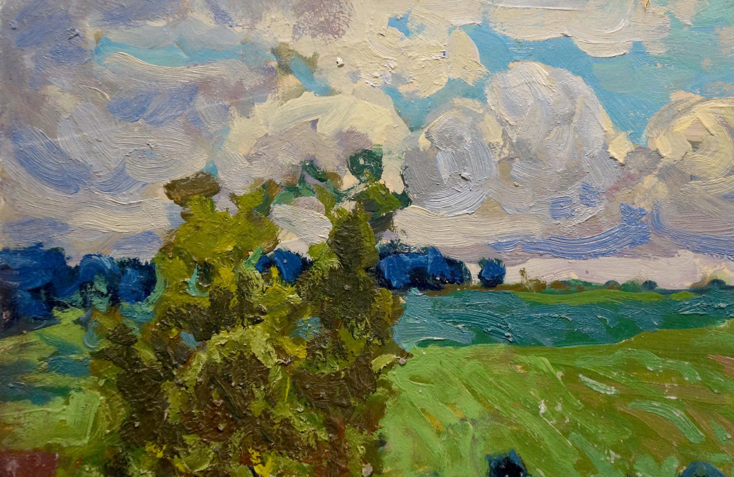 Impasto oil painting After the Rain I by Miroshnichenko, green foliage and clouds