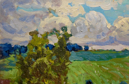 Impasto oil painting After the Rain I by Miroshnichenko, green foliage and clouds