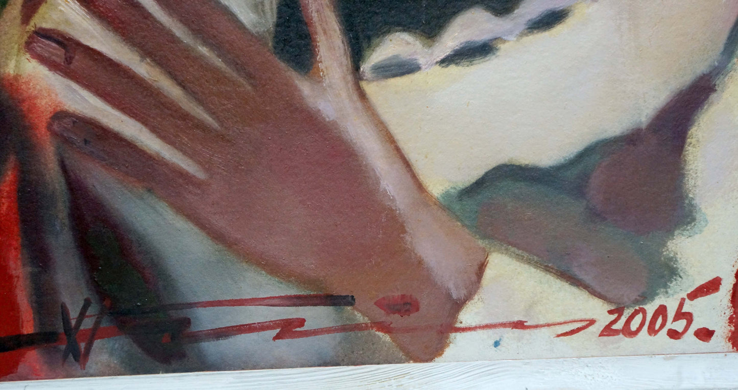 Abstract oil painting portrait of Nikolai Nikolaevich Prokopenko with reddish-brown hand