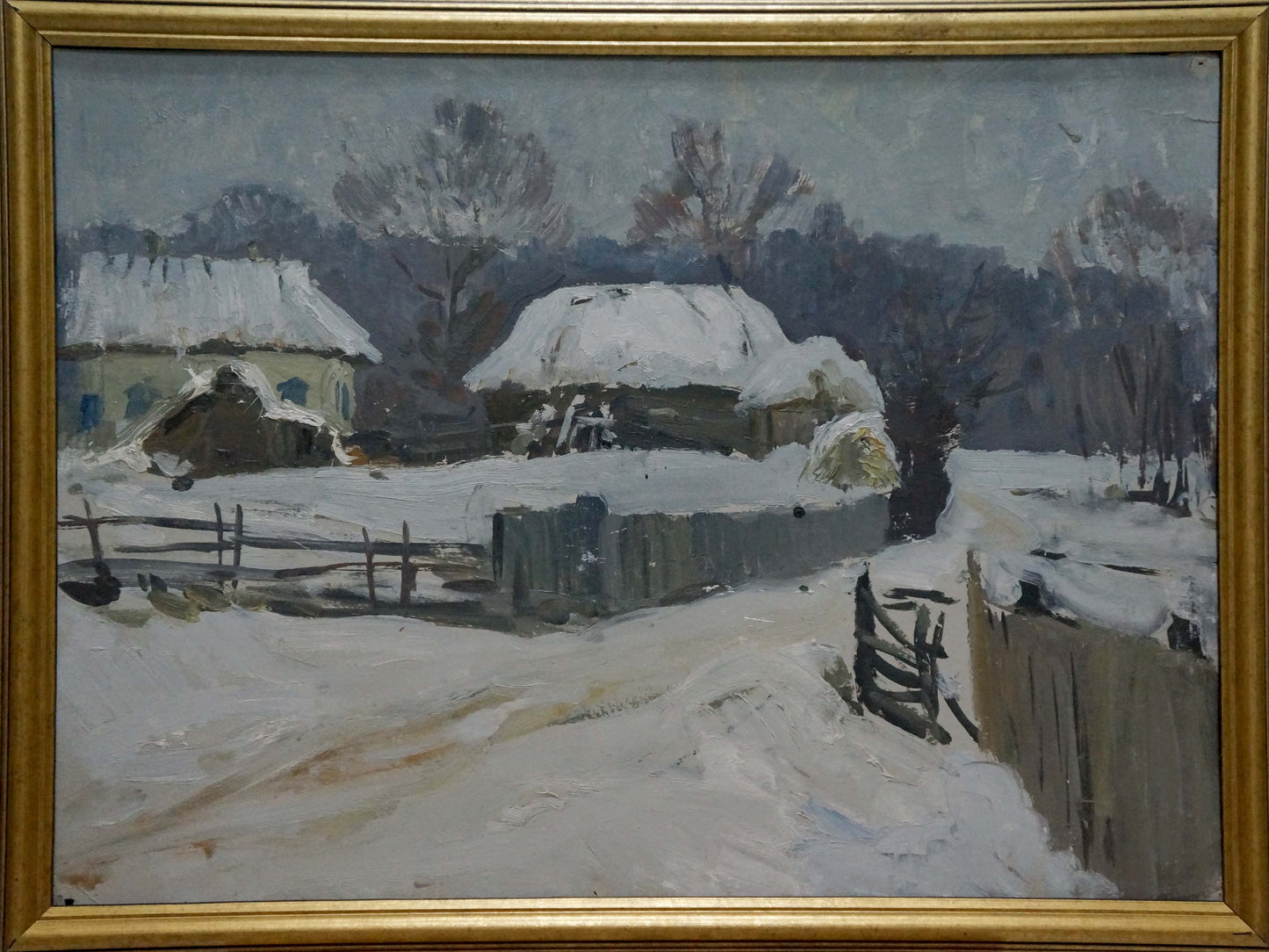 Framed oil painting Winter has come by Gantman Moses Faybovich, snowy rustic houses