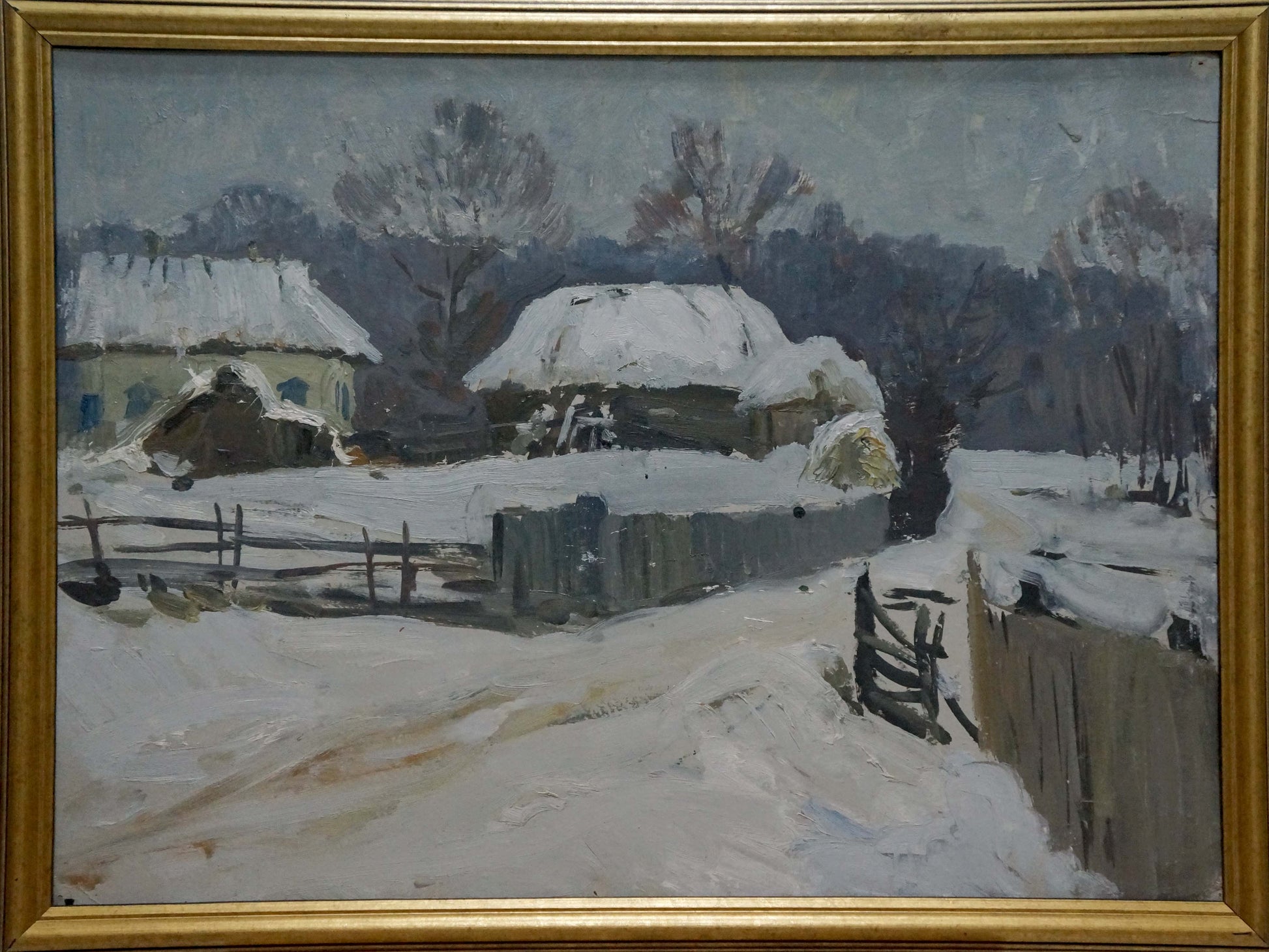 Framed oil painting Winter has come by Gantman Moses Faybovich, snowy rustic houses