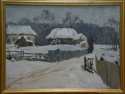 Framed oil painting Winter has come by Gantman Moses Faybovich, snowy rustic houses