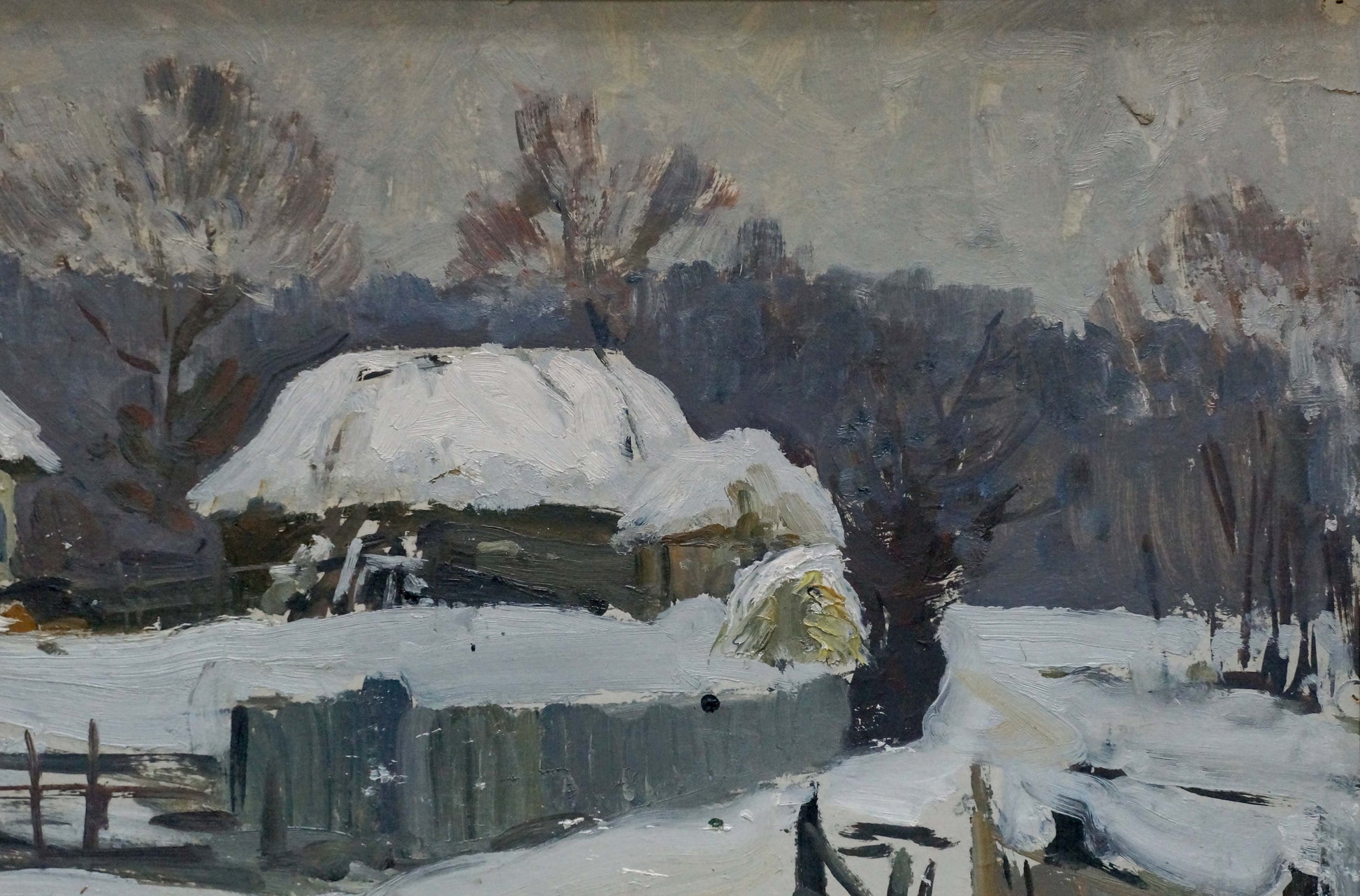 Oil painting Winter has come by Gantman Moses Faybovich: snowy thatched cottage