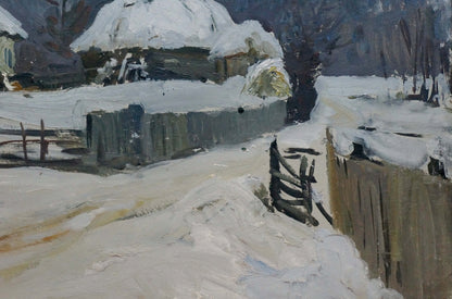 Oil painting Winter has come by Gantman Moses Faybovich: snowy wooden fence