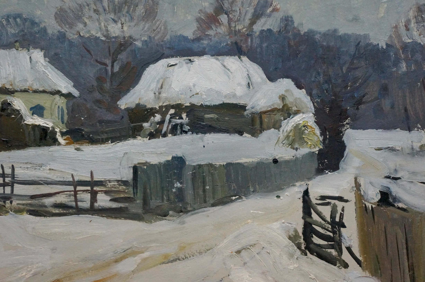 Snow-covered thatched-roof cottages in Winter has come oil painting by Gantman Moses Faybovich